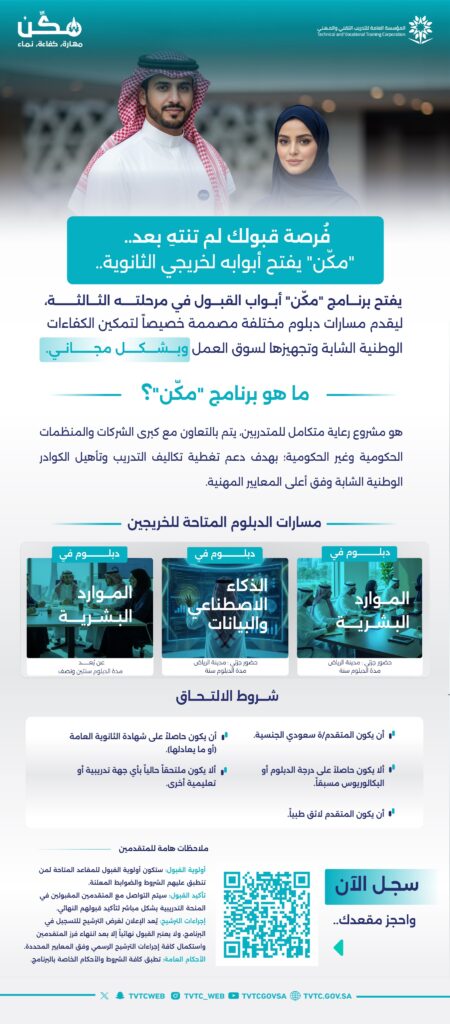 برنامج مكّن للدبلوم المجاني 2026 في الرياض | المؤسسة العامة للتدريب التقني والمهني